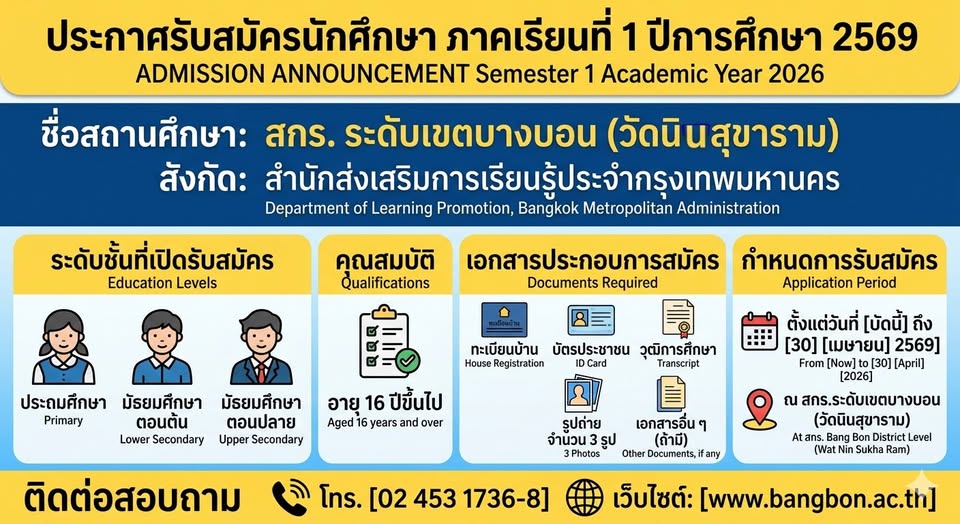 ประกาศรับสมัครนักศึกษา สกร.ระดับเขตบางบอน ภาคเรียนที่ 1 ปีการศึกษา 2569
